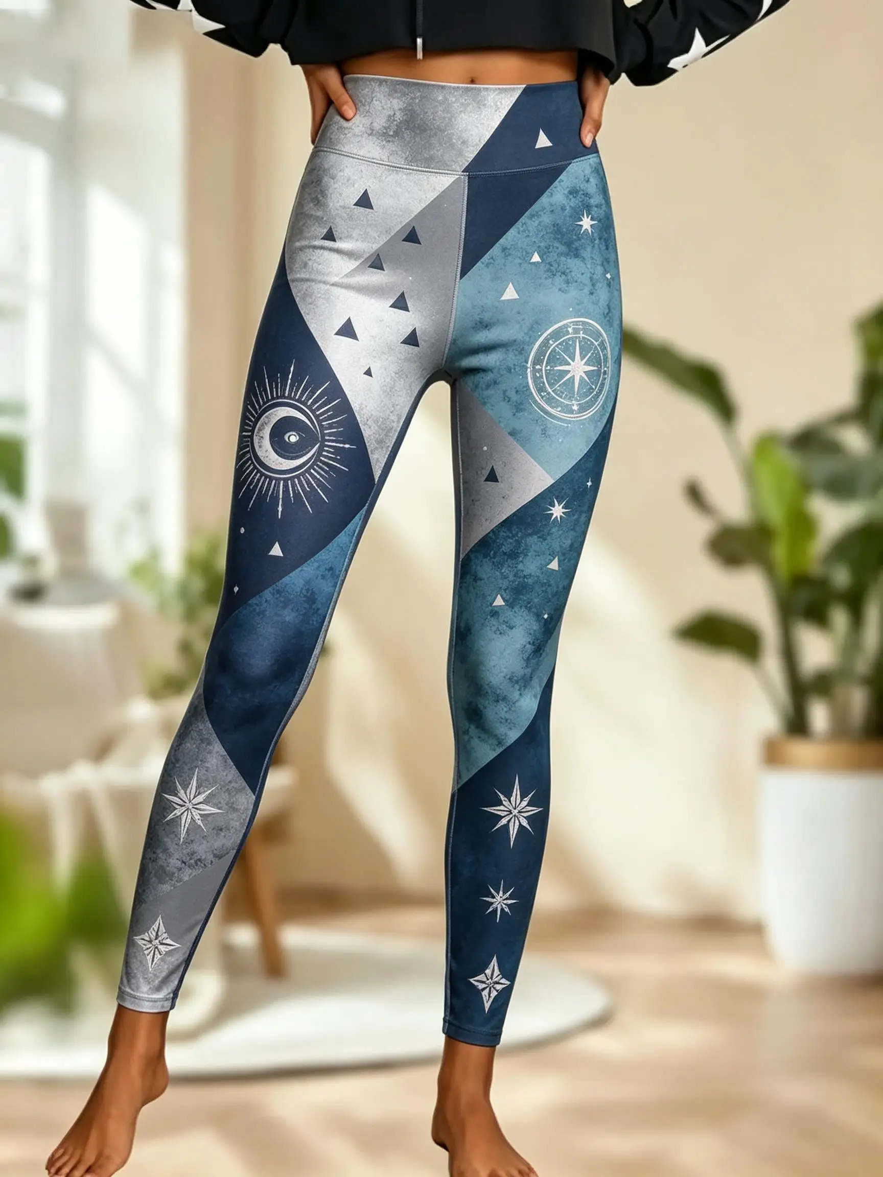 Women Fleece‑lined Mid‑rise Leggings Black Gold Mystic Sun Eye Celestial Geometric Diamond Triangle Print Slim Stretch   Pants
