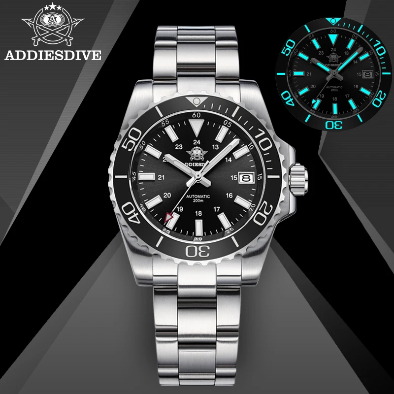 ADDIESDIVE جديد AD2086 ساعات آلية الياقوت الزجاج 200 متر مقاوم للماء ساعة رجالي الفولاذ المقاوم للصدأ مضيئة خمر غواص ساعة