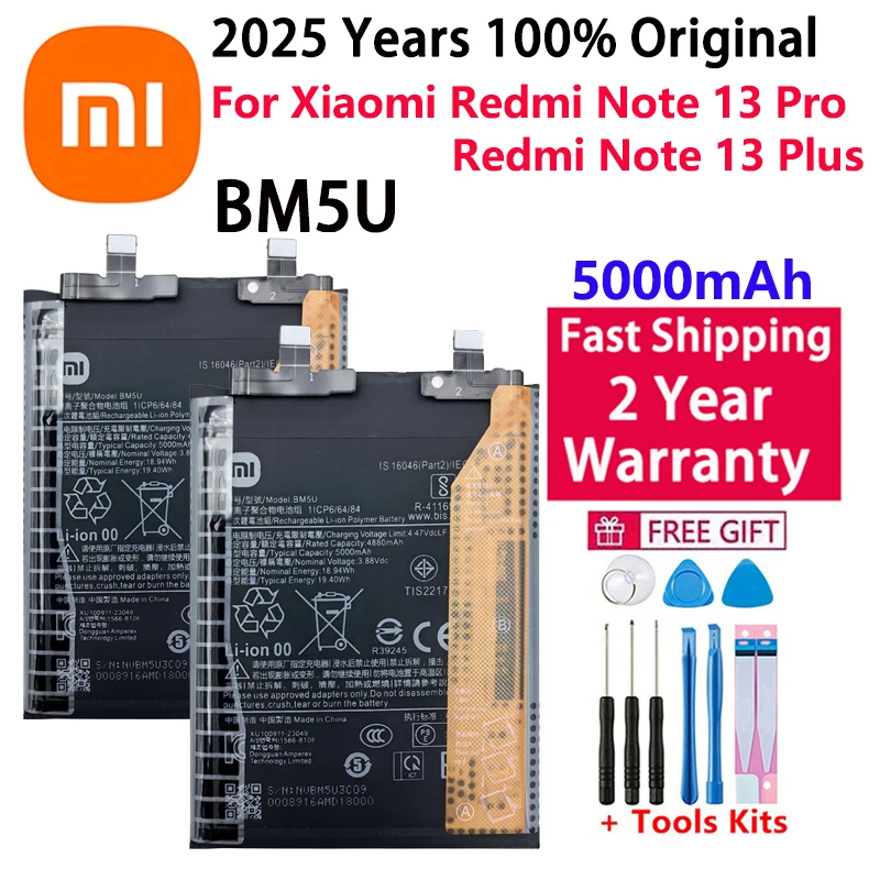 

2025 лет, 100% оригинальный аккумулятор BM5U, 5000 мАч для Xiaomi Redmi Note 13 Pro Plus/Note 13 Pro+, аккумуляторы для телефонов + бесплатные инструменты