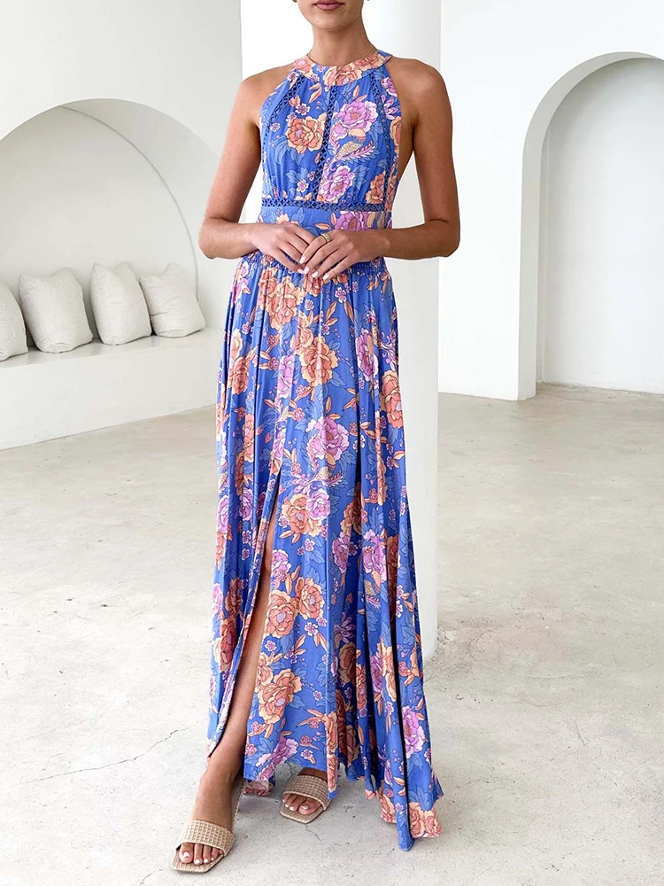 Summer Bohemian Vacation Slim Maxi Dress Ladies Sleeveless Backless Pleated Dresses Vintage Floral Pattern Printed Halter Dress
