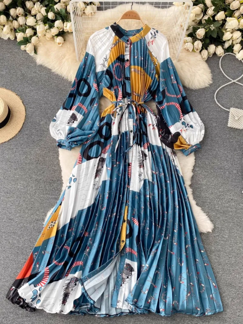 

Y2k High Grade Vintage Vestidos De Mujer O Neck Single-breasted Pleated Party Dresses Bandage Slim Flower Print Chic Robe Femme