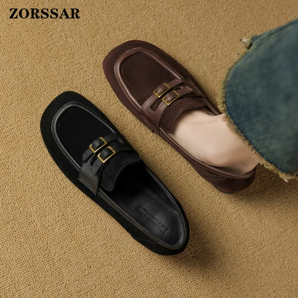 

Spring Autumn Ladies Suede Leather Flats Vintage Versatile Loafers British Style Fashion Bucke Leanti Slip Casual Women's Flat
