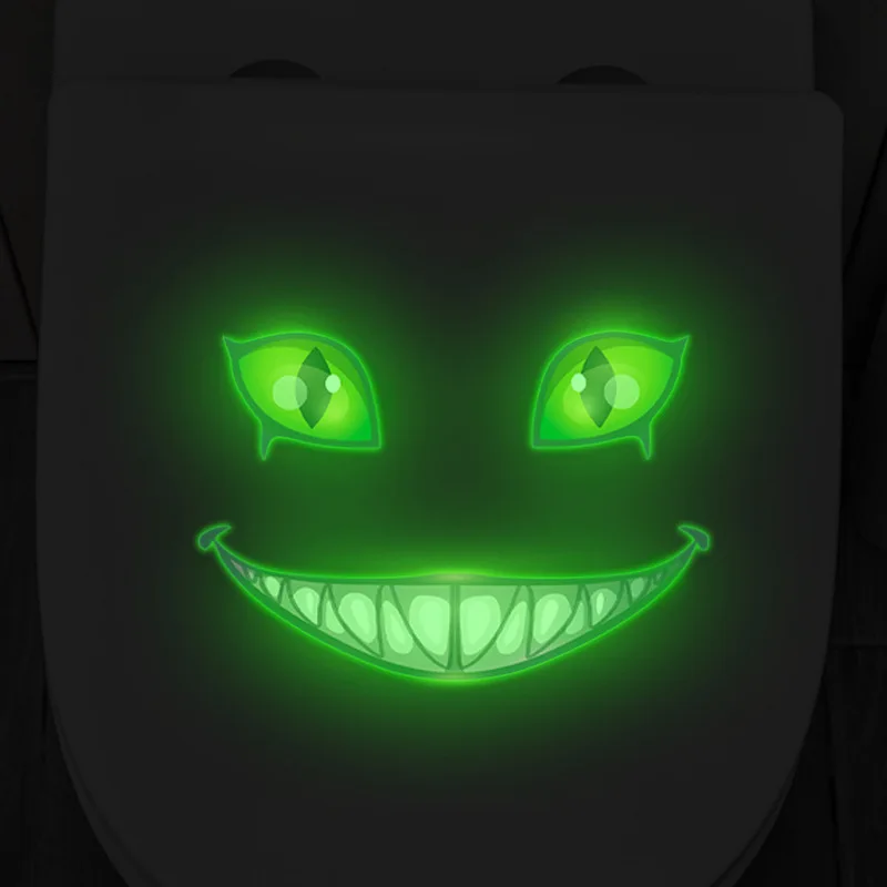 Glow In Dark Green Evil Grinning Face Toilet Decal, Scary Fanged Monster Eyes Sticker, Spooky Prank Bathroom Party Decor