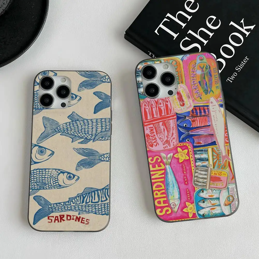 Sardines Retro Art Seafood Phone Case For IPhone 17 16 15 14 13 12 11 ProMax Plus Ripple Cover Shockproof