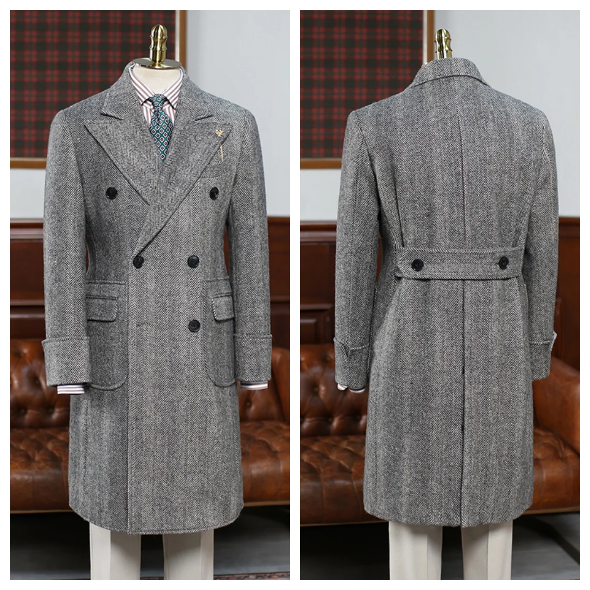 

Vintage Herringbone Long Blazer Classic men's double-Breasted Jacket Slim-fit Wool Long Coat With Nnipped Back Waist 2025 Winter