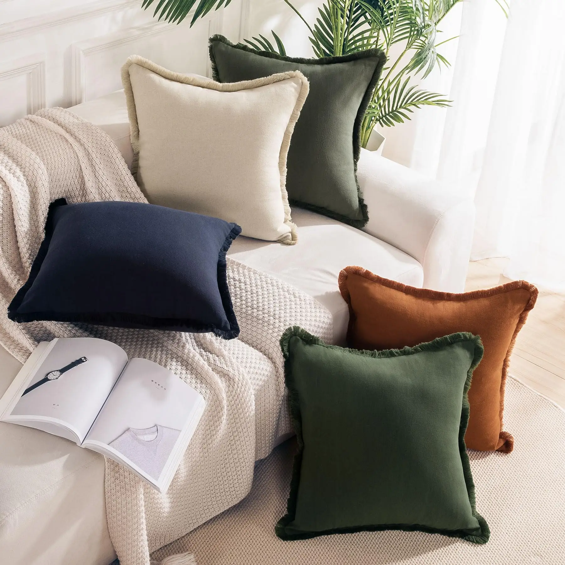 Boho Throw Pillow Covers for Couch Set of 2, Handmade Decorative Linen Pillow Covers Shams for Sofa Cushion Covers,  (NO Insert)