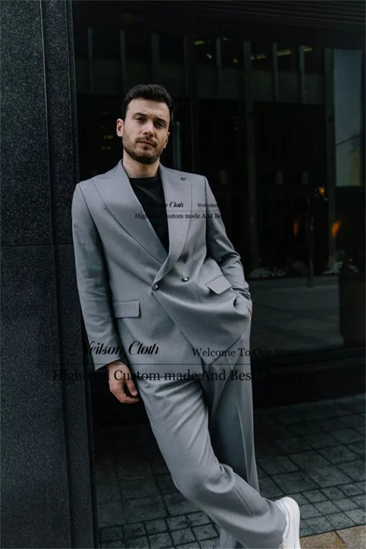 

Business Dark Gray Male Prom Blazers 2 Pieces Sets Double Breasted Groom Wedding Tuxedos Slim Fit Peaked Lapel Costume Homme