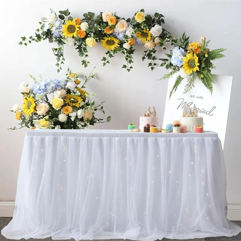 Falda de mesa de tul de alta gama, cubierta de mesa de malla con borde dorado, decoración de fiesta de año nuevo y boda, suministros de hotel