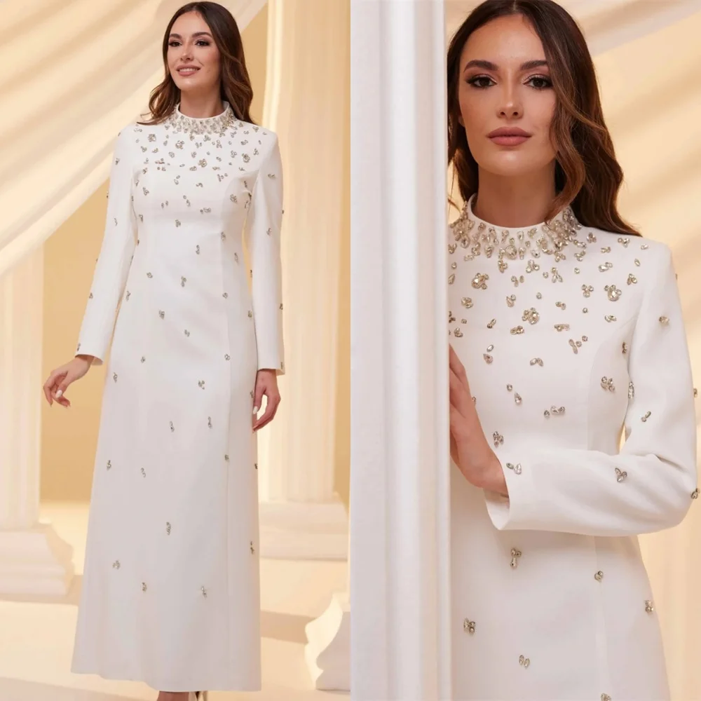 تخصيص كلاسيكي الأبيض جيرسي مساء اللباس مزاجه عالية العنق طويلة الأكمام سستة الظهر كريستال فساتين المناسبات الخاصة