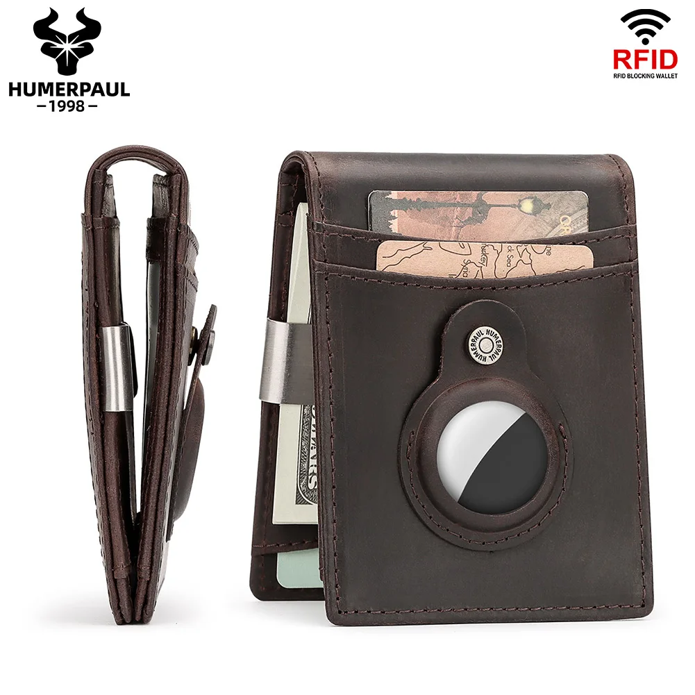 Genuine Leather Men Money Clip Cash Holder RFID Blocking Slim Bifold Card Holder Wallet Minimalist Thin Front Pocket Money Bag