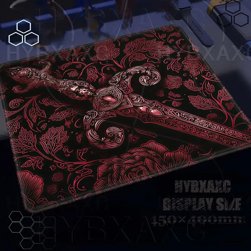 Gothic Sword Rose Floral Mouse Pad Multiple Sizes Large Square Computer Office Game Table Mats Dark Red Fantasy Gaming Mousepad