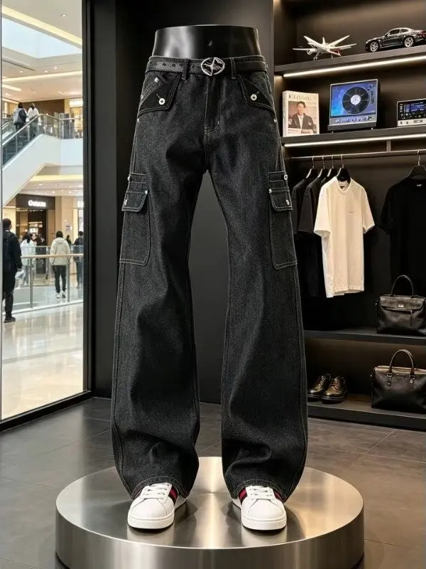 American Retro Versatile Deconstructed Workwear Jeans Casual Wide Leg Pants Multiple Pockets Straight Leg Long Trousers