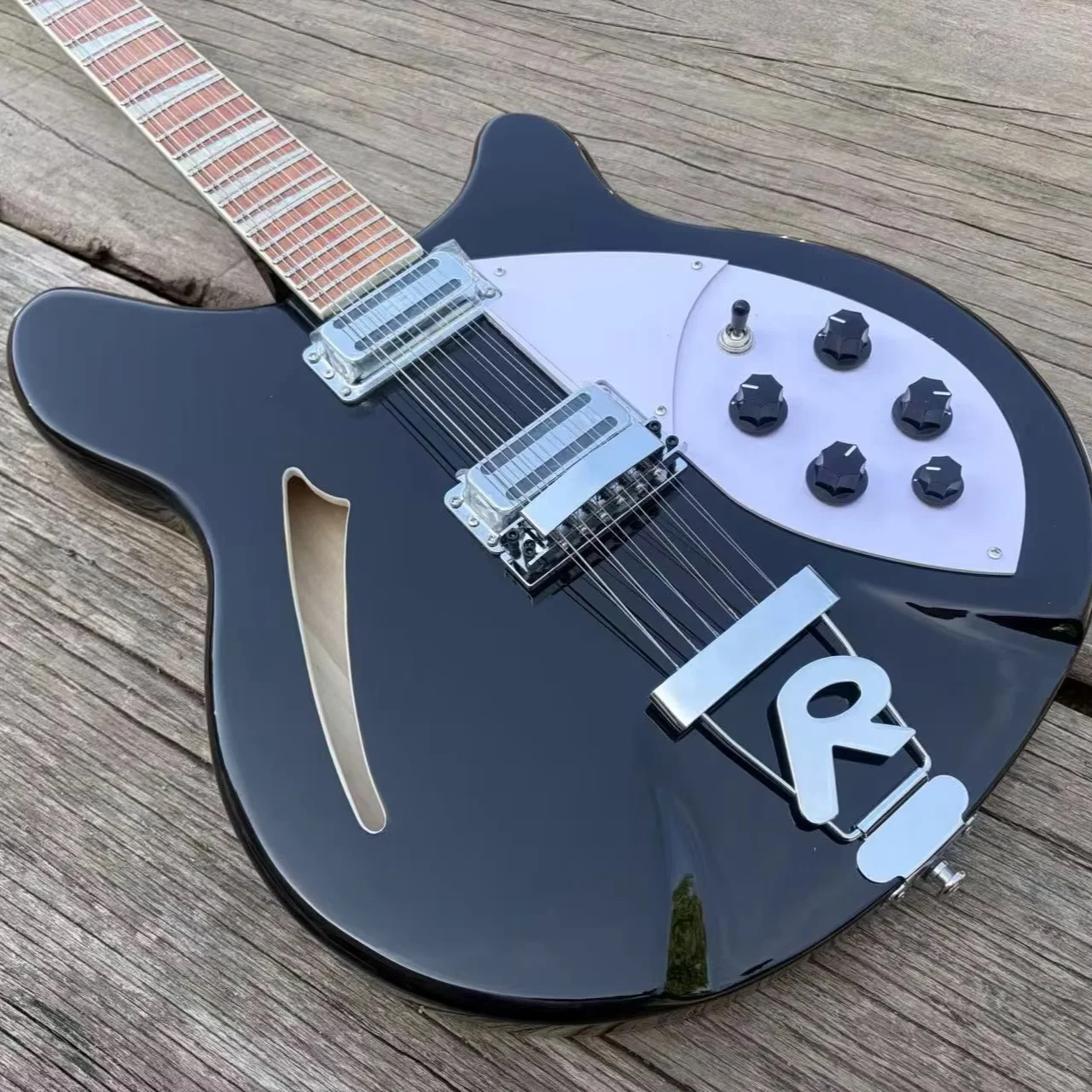 12 String Electric Guitar Black Color Semi Hollow Body White Pickguard R Shaped Tailpiece 24 Frets Quality Guitarra