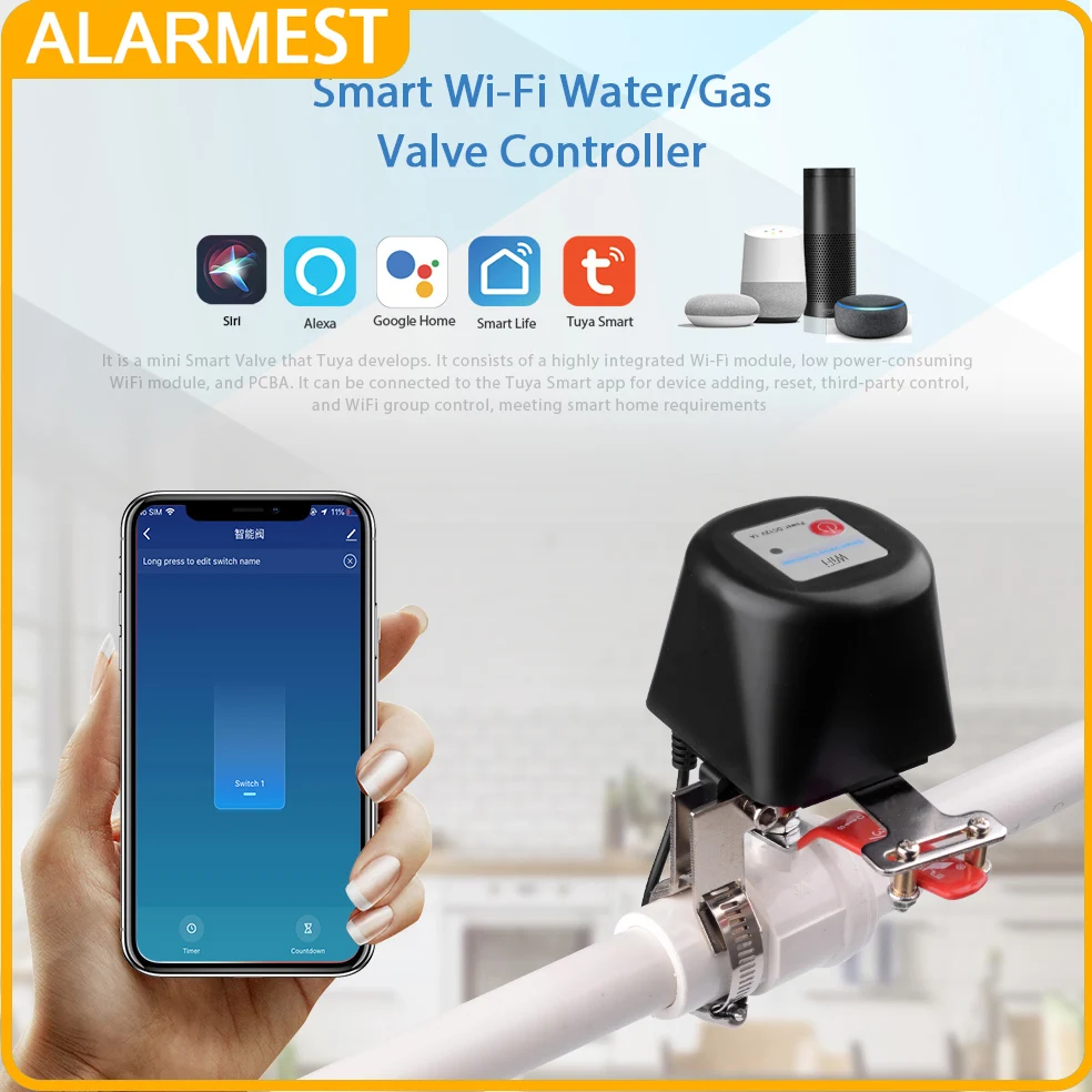 ALARMEST Tuya Alexa Google Assistant Smart Wireless Control Gas Water Valve Smart Life WiFi Shut OFF Controller