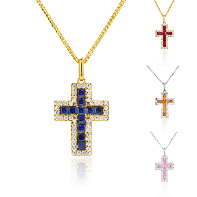 Founder Band Hand Made Necklace 925 Sterling Silver Moissanite Cross Necklace Sapphire Necklaces For Women