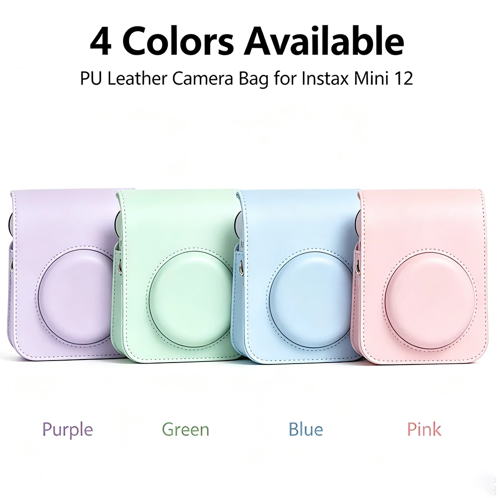 For Instax Mini 12 Case PU Leather Protective Cover, Soft Camera Bag with Shoulder Strap for Fujifilm Instax Mini 12
