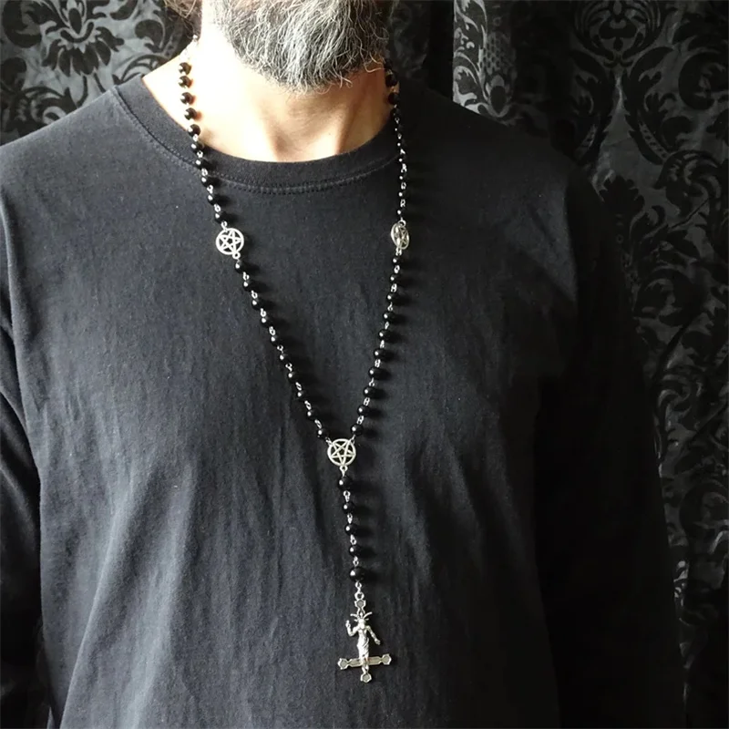 PERSONALIZABLE Black Rosary with Inverted Cross, Baphomet and Pentagram, Black Metal Jewelry, Necklace for Satanists