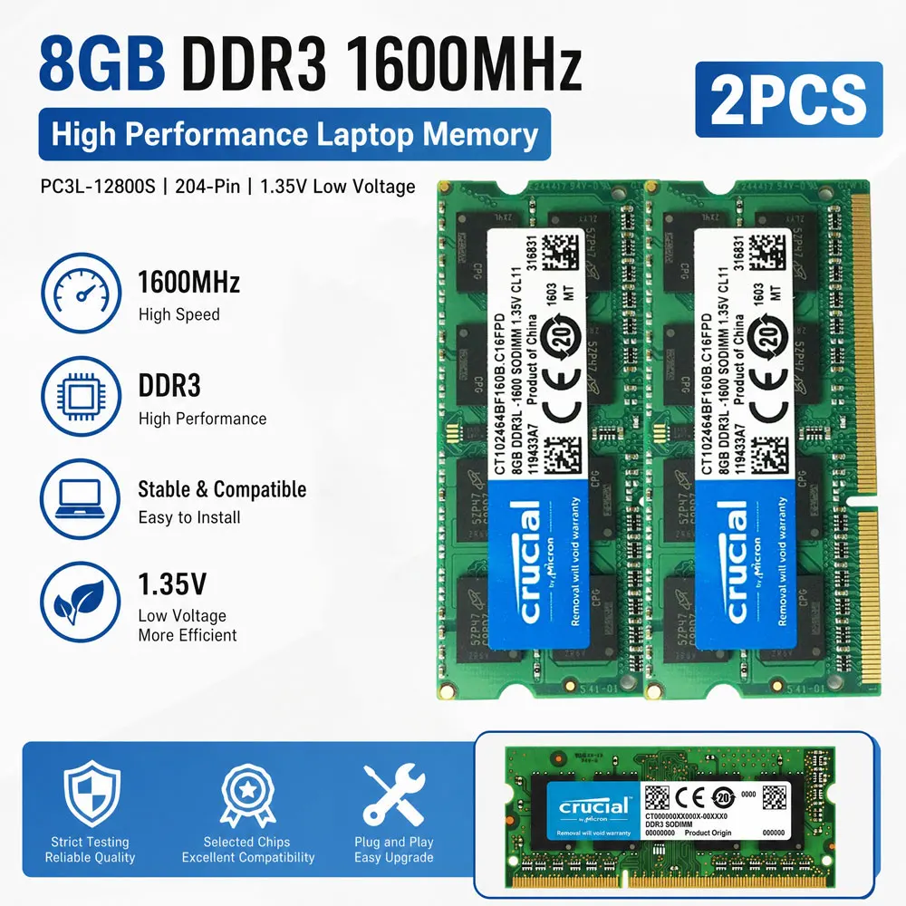 Crucial Memory 2PCS DDR2 DDR3 DDR3L Laptop RAM 2GB 4GB 8GB 1600 1066 667 800 1333 1866MHz SODIMM PC3L-12800S 14900 Notebook RAMs