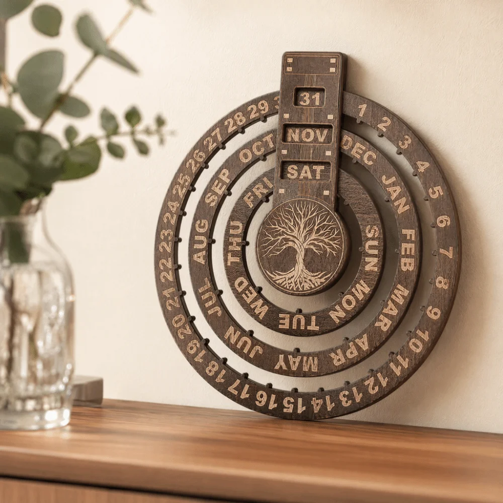 12.01X10.83in Wooden Perpetual Calendar Moon Phase Display Circular Disc Wall Hanging Calendar Round Dial
