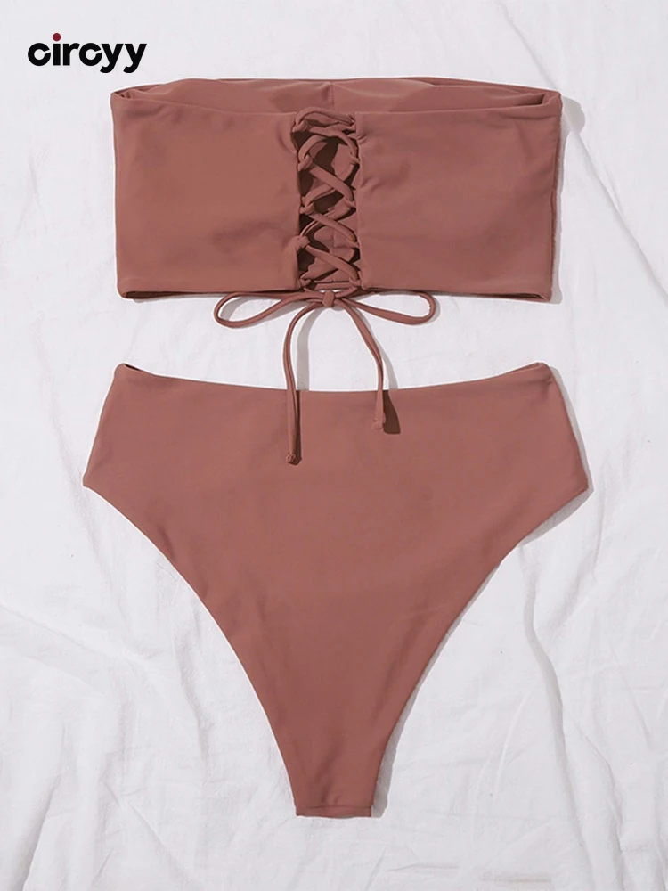Circyy Bikini Set Women Strapless Drawstring Split Swimsuit High Waisted Solid Swimwear Summer 2026 Fashion Two-piece Swimsuit
