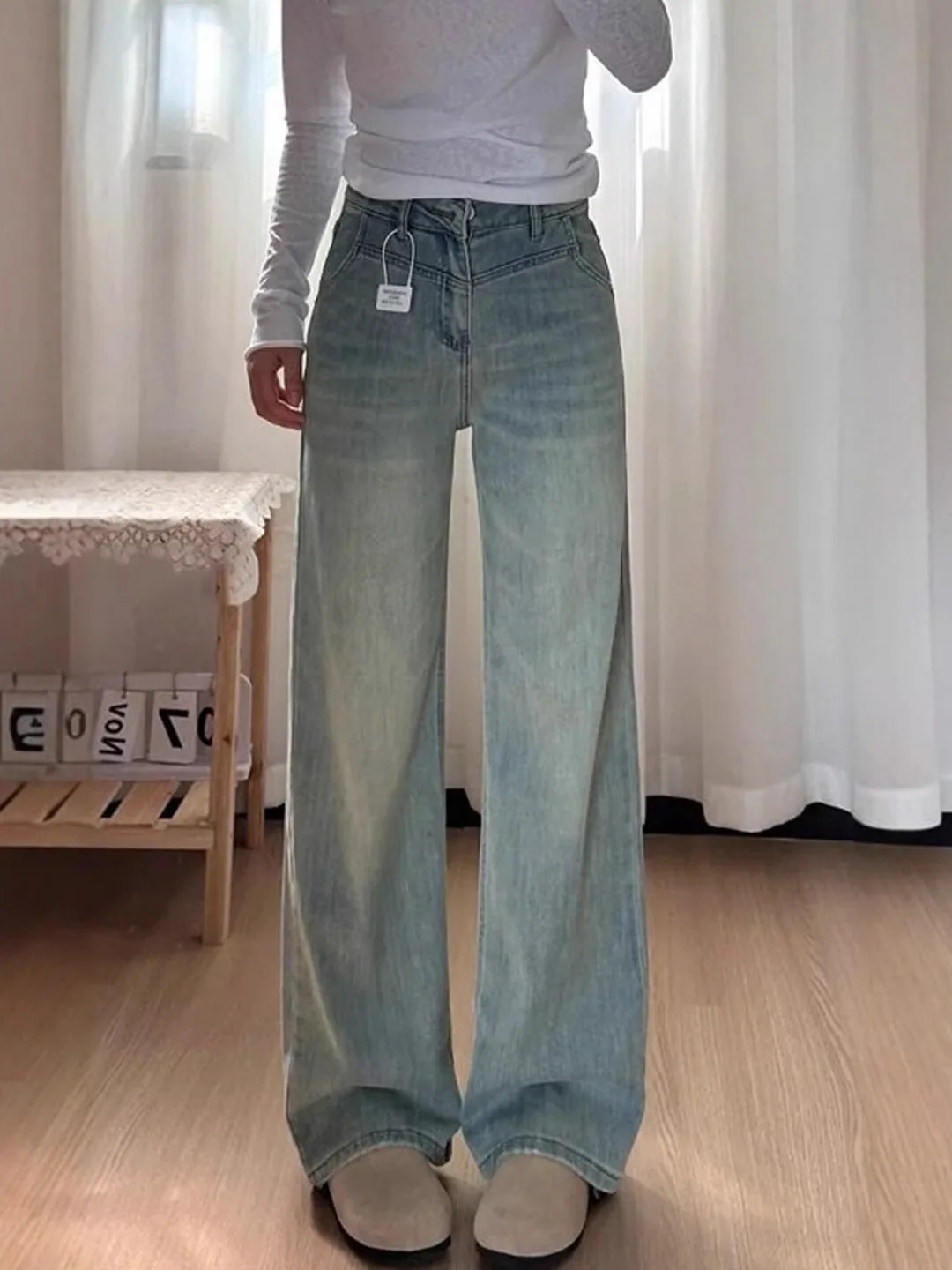 

plus Size Women's Light Wash Wide Leg Jeans Spring New Style Pear Shape Loose Slimming Drapey Straight Leg Pants