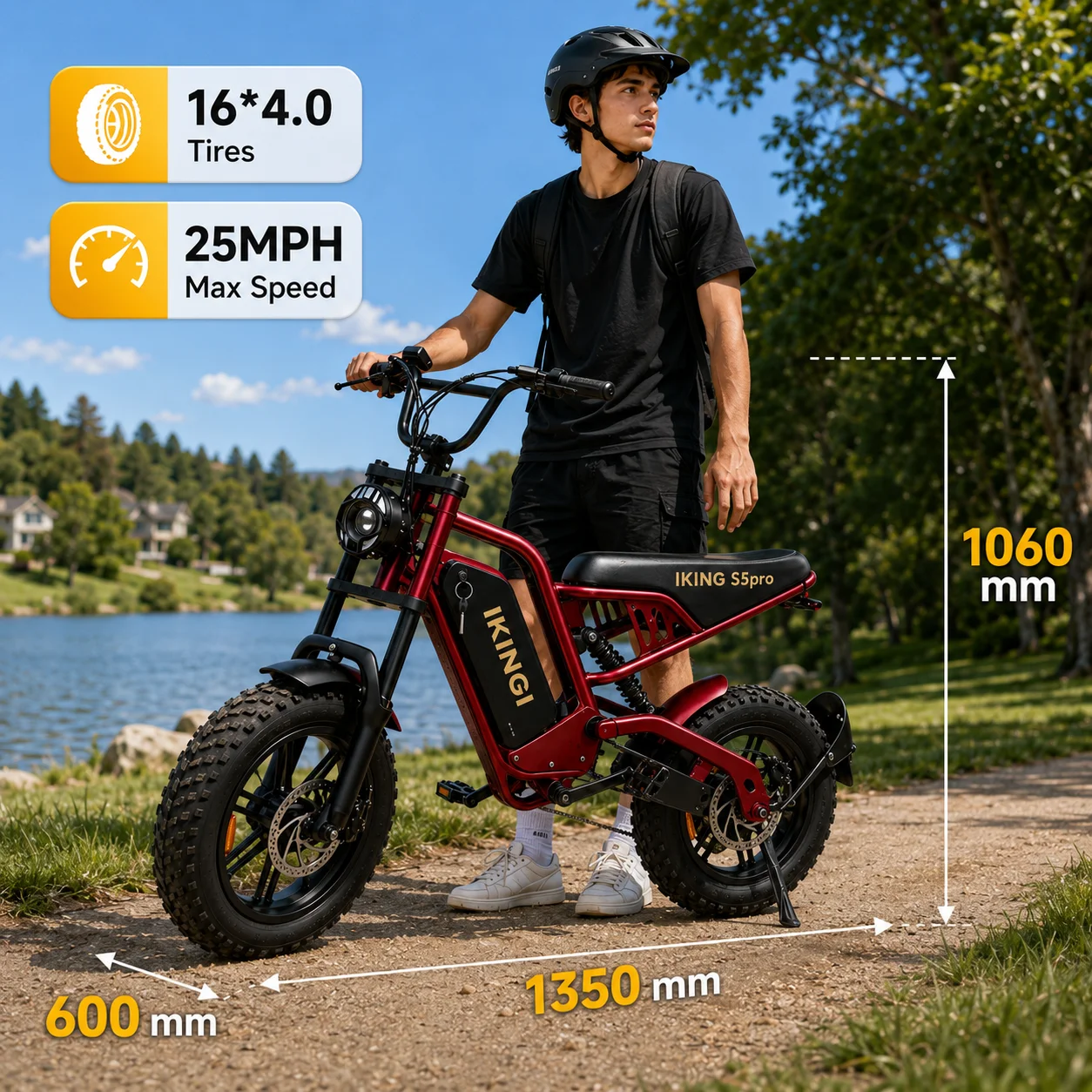 Adult Off‑Road Ebike IKINGI S5pro Full Front‑Rear Suspension 16 Inch Fat Tire 1000W Motor 25MPH Max Speed 48V15Ah Battery 7‑Speed Electric Bicycle
