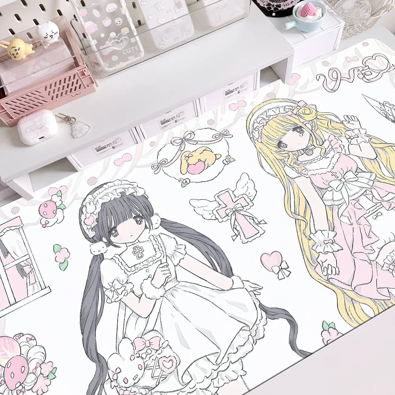 Leather PU Desk Pad Protector Korean Ins Anime Angel Pink Cross Girl Y2K Mouse Pad Office Waterproof Non-Slip Desk Blotter Pad
