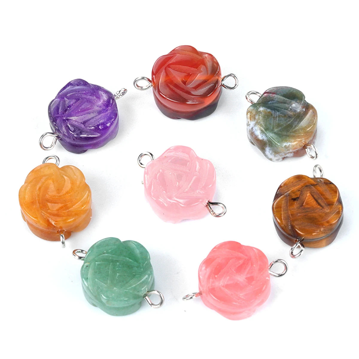 2Pcs Natural Gems Carved Rose Flower Stone Connector Amethyst Crystals Reiki Pendant for Handmade DIY Necklace Bracelet Jewelry