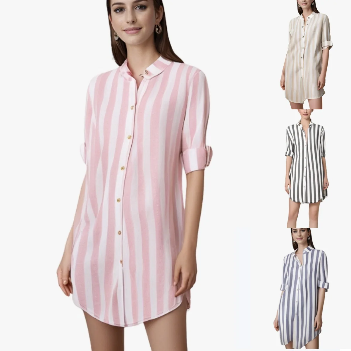 

Casual Large Size Cotton Linen Striped Long Sve Women's irt Faionable Commute Sle Loose Fit Open Cardigan Design