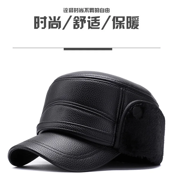 

Old Hat Men Cap PU Waterproof Thickened Flat Warm Fur Father Grandfather Golf Ear Protective