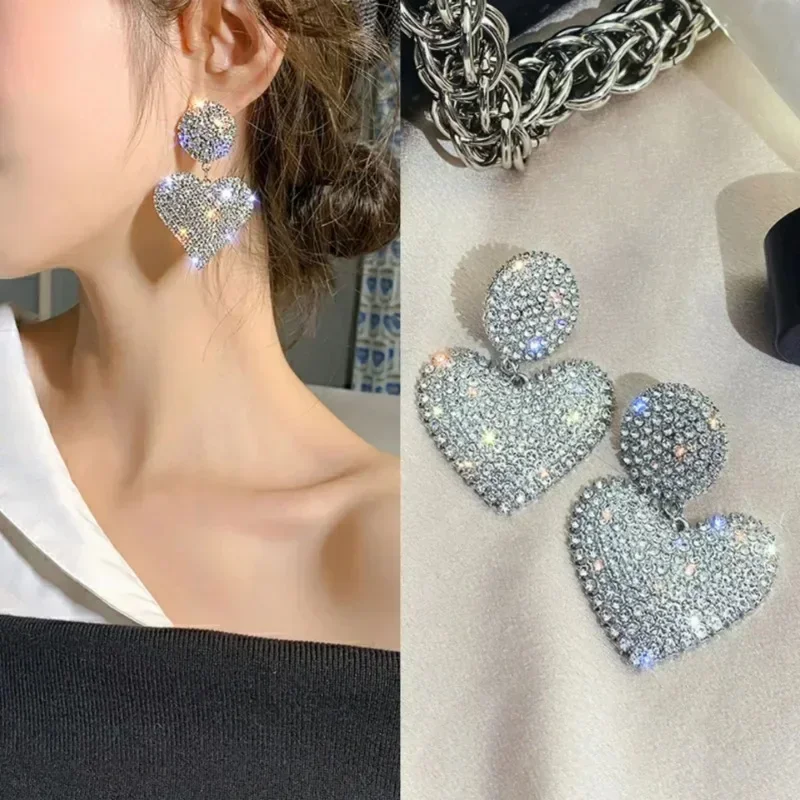 Luxury Shiny Big Heart Earrings with Bling Rhinestone for Women Fashion Jewelry Korean Geometric Earring Wedding Party Gifts