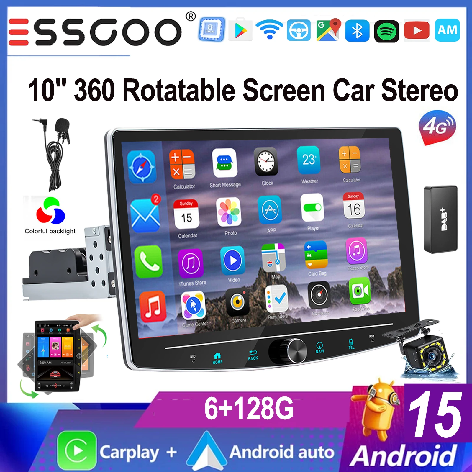 ESSGOO 10,1" Android 15 1 DIN Universeel 360 °   Draaibaar touchscreen carplay MICROFOON Android auto Autoradio Radio GPS NAVI BT WIFI FM