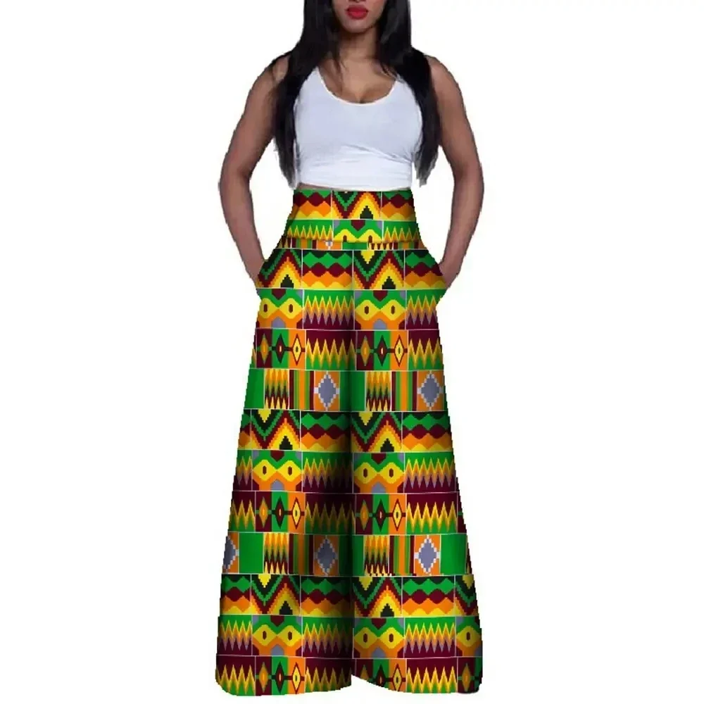 Fashion African Print High Waist Pants for Women Riche 100% Cotton Long Wide Pants Traditional African Clothing WY3367