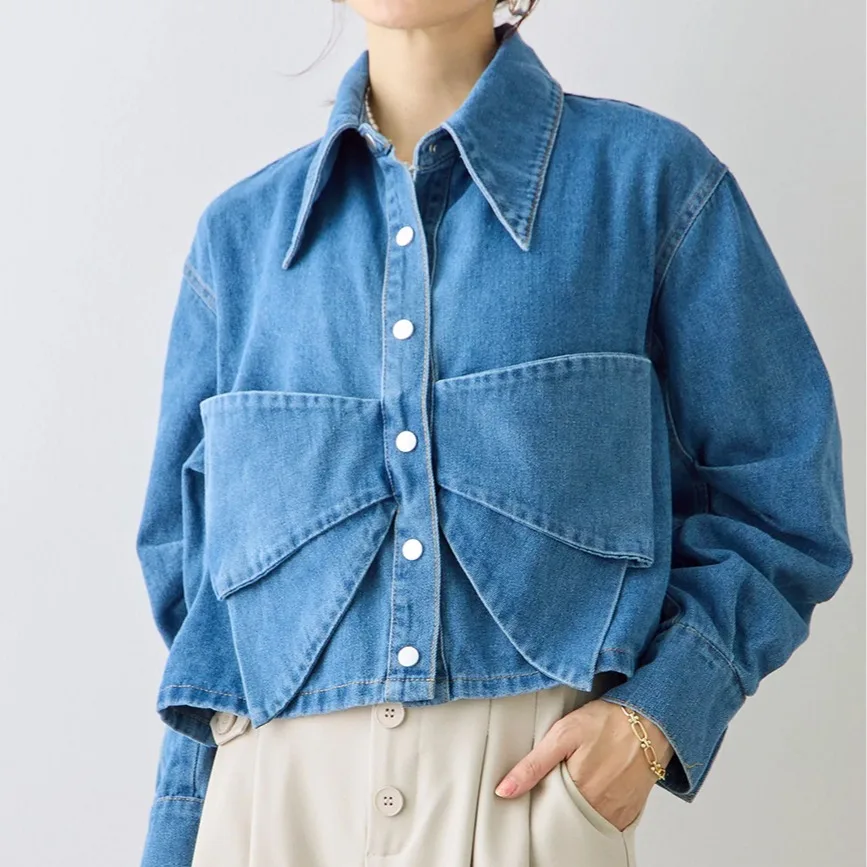 

Autumn Winter New Sle Denim Jaet Women's Faion Anti-Aging White Collar Denim Top Original Design Button Closure Polyest...