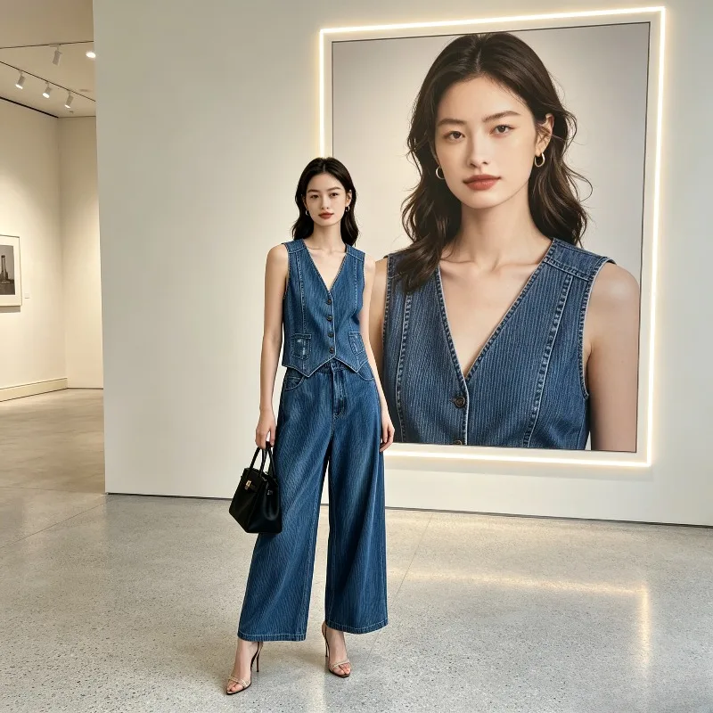 Miyake Pleated Retro Vertical Striped Faux Denim Vest Set for Women New Summer Commuter Two-Color Wide-Leg Pants Two-Piece Set