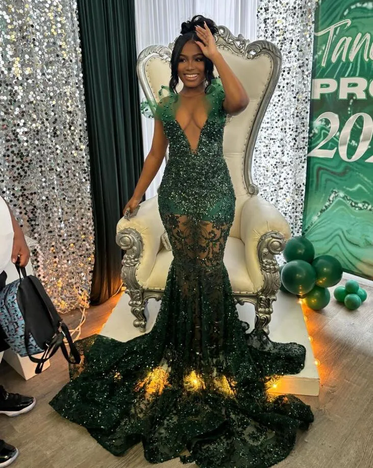 Emerald Green Long Mermaid Evening Dresses for Black Girl Sparkly Applique Gillter Prom Reception Birthday Gown Sheer Mesh