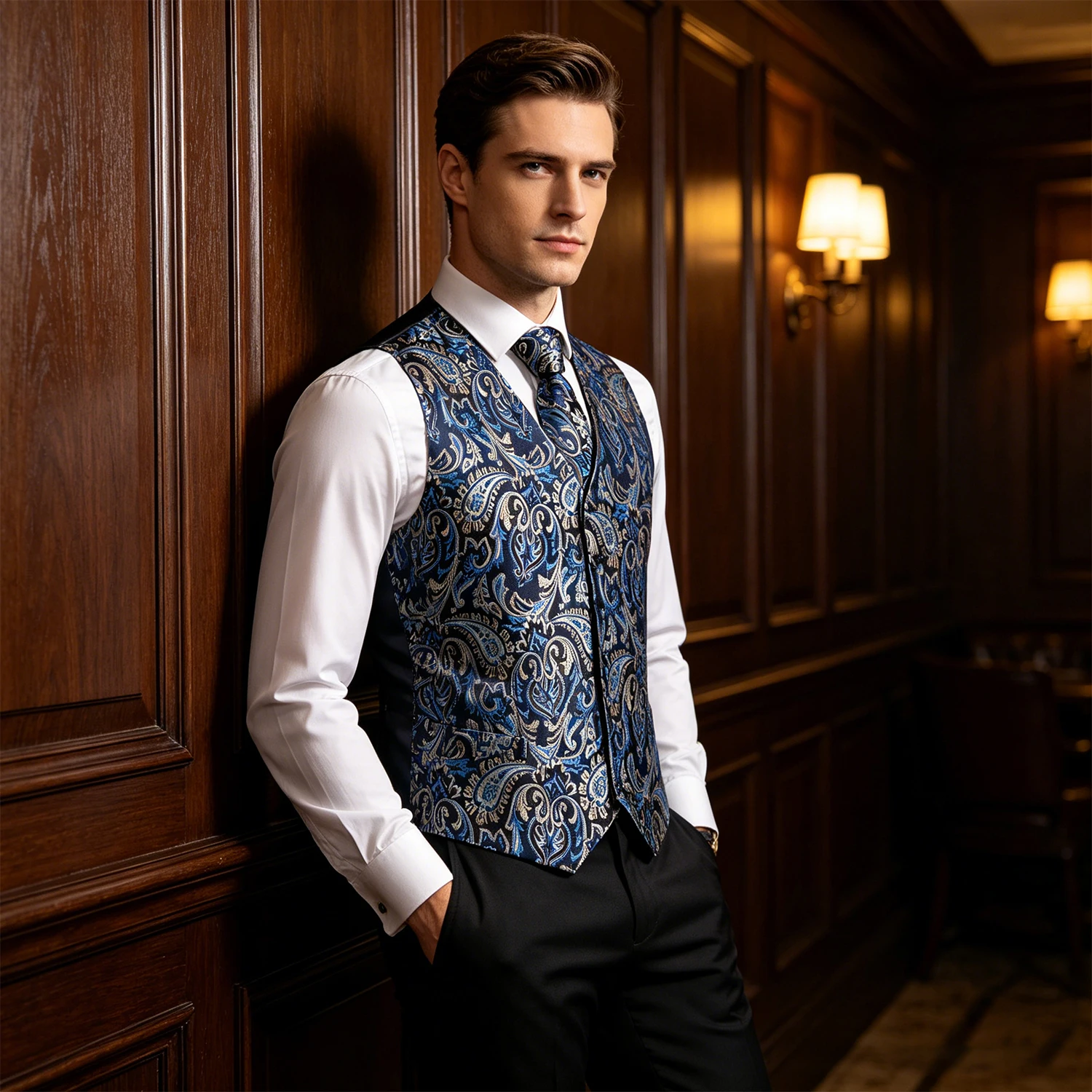 Black Blue Gold Paisley Jacquard V-Neck Vest 4Pcs Set Tie Pocket Square Cufflinks For Evening Gala Wedding Stage Performance