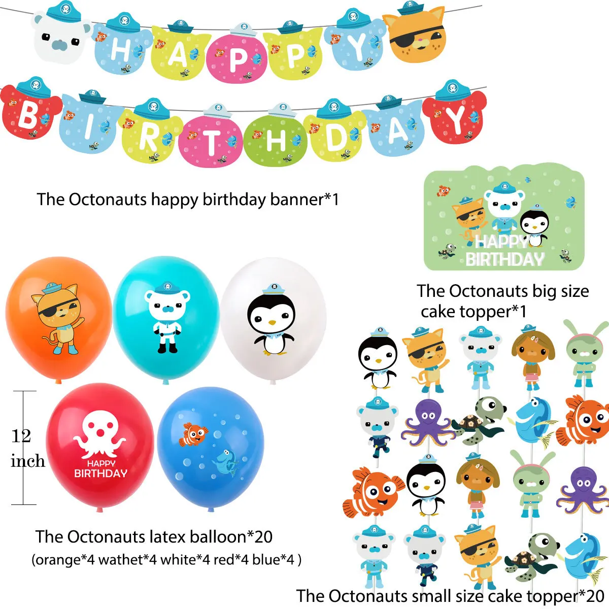 The Octonauts Balloon Banner Cake Topper Happy Birthday Decoration Baby Shower Kwazii Octopod Barnacles Peso Kids Party Supplies