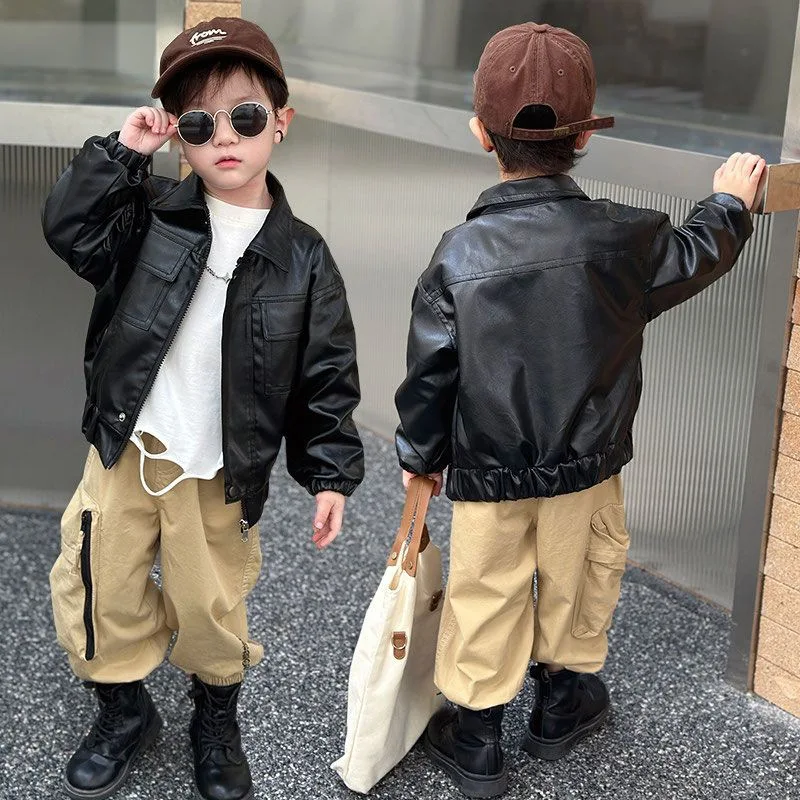 Boys Leather Jacket Trendy Handsome Biker Coat 2026 New Spring Autumn Casual Outerwear Kids Fashion Streetwear Tops 2-10 Years