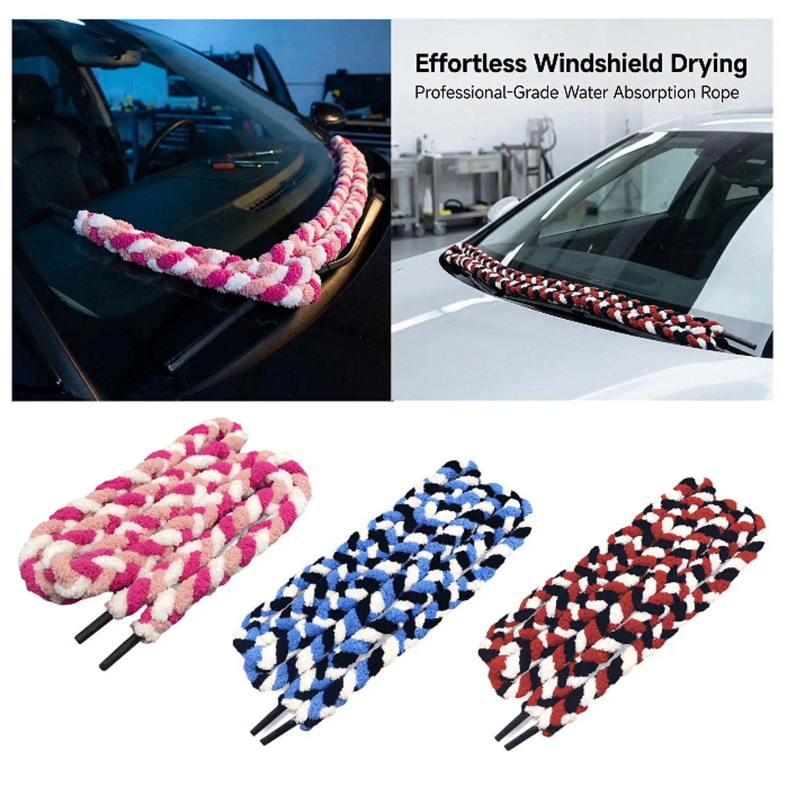 Water Absorbent Rope Auto Film Install Tool Triple Braided Microfiber for Windshield Edges Clean Car Glass Wiper Use