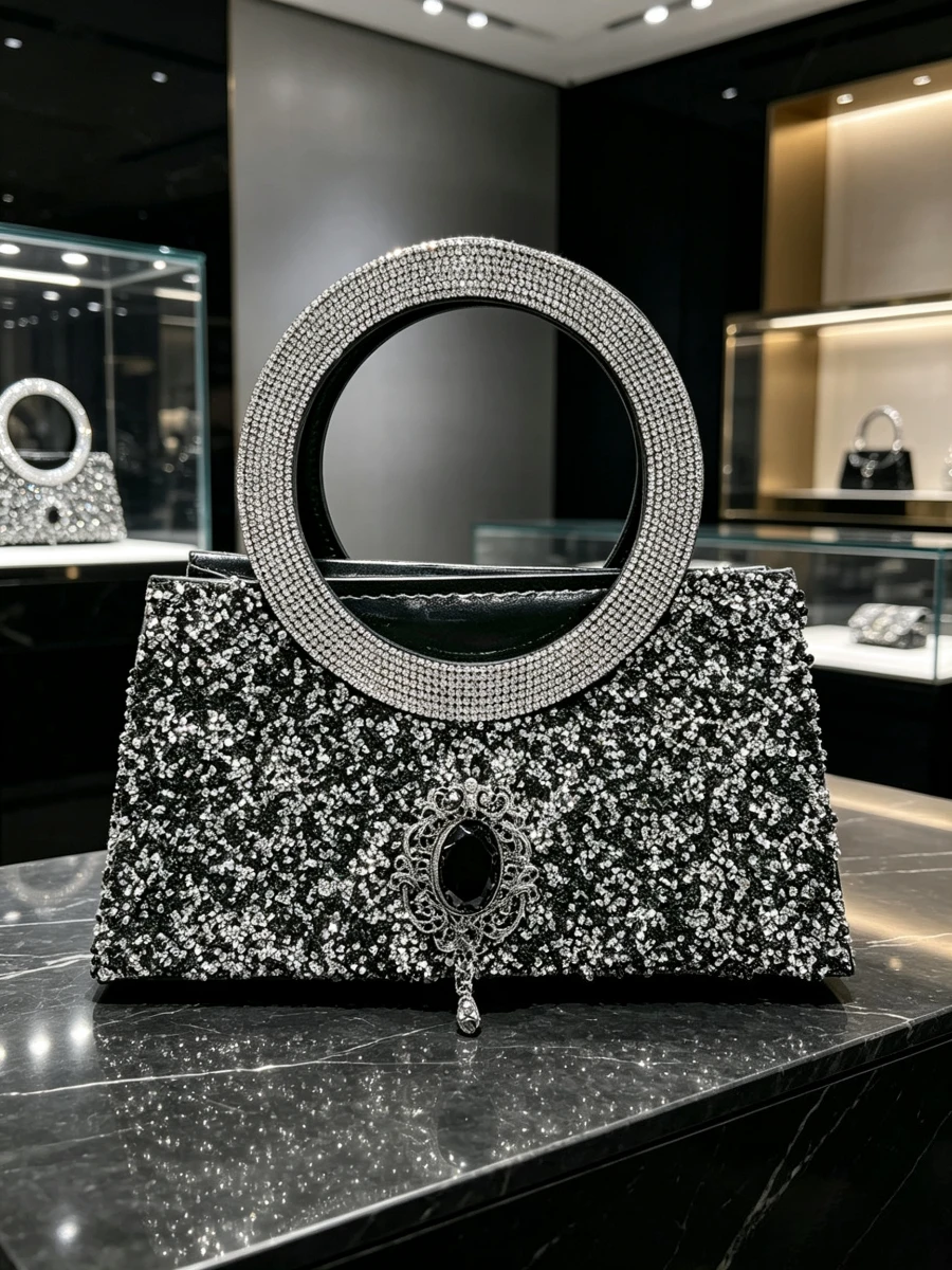 Black Silver Mixed Dense Rhinestone Big Ring Black Gem Pendant Trapezoid Clutch Luxury Retro Grand Evening Purse For Middle Aged