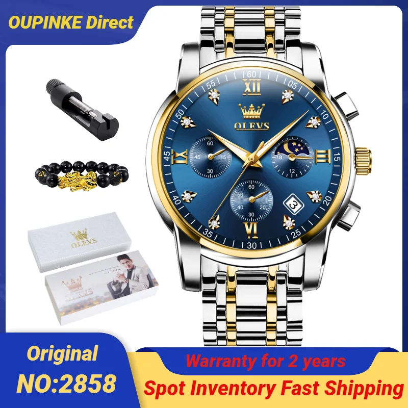 OLEVS 2858 Monn Phase Men's Watches Calendar Luminous Diamond Scale High Quality Stainless steel TOP Luxury Quartz Watch for Men