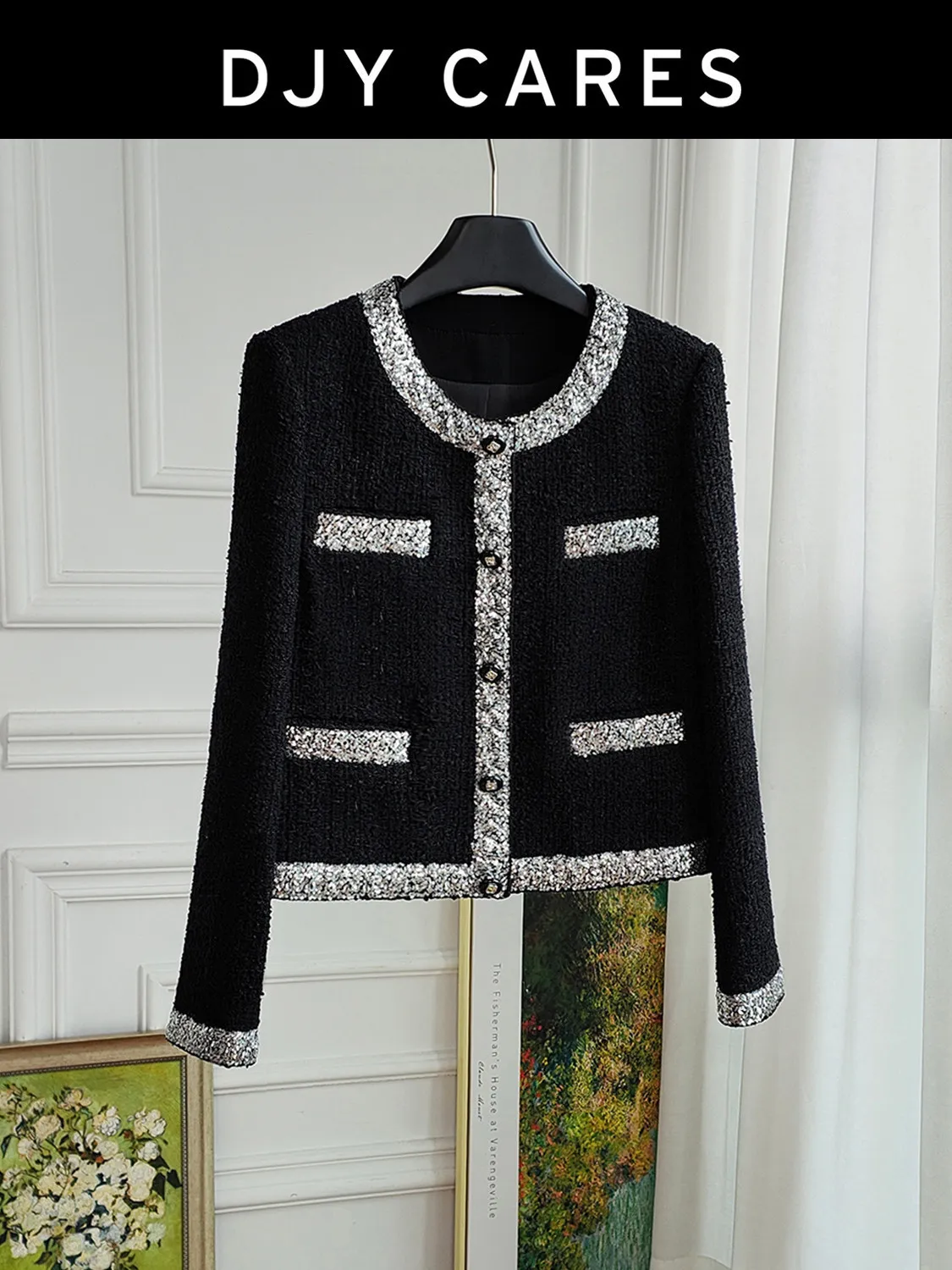 New Black tweed color blocked jacket half skirt set big size