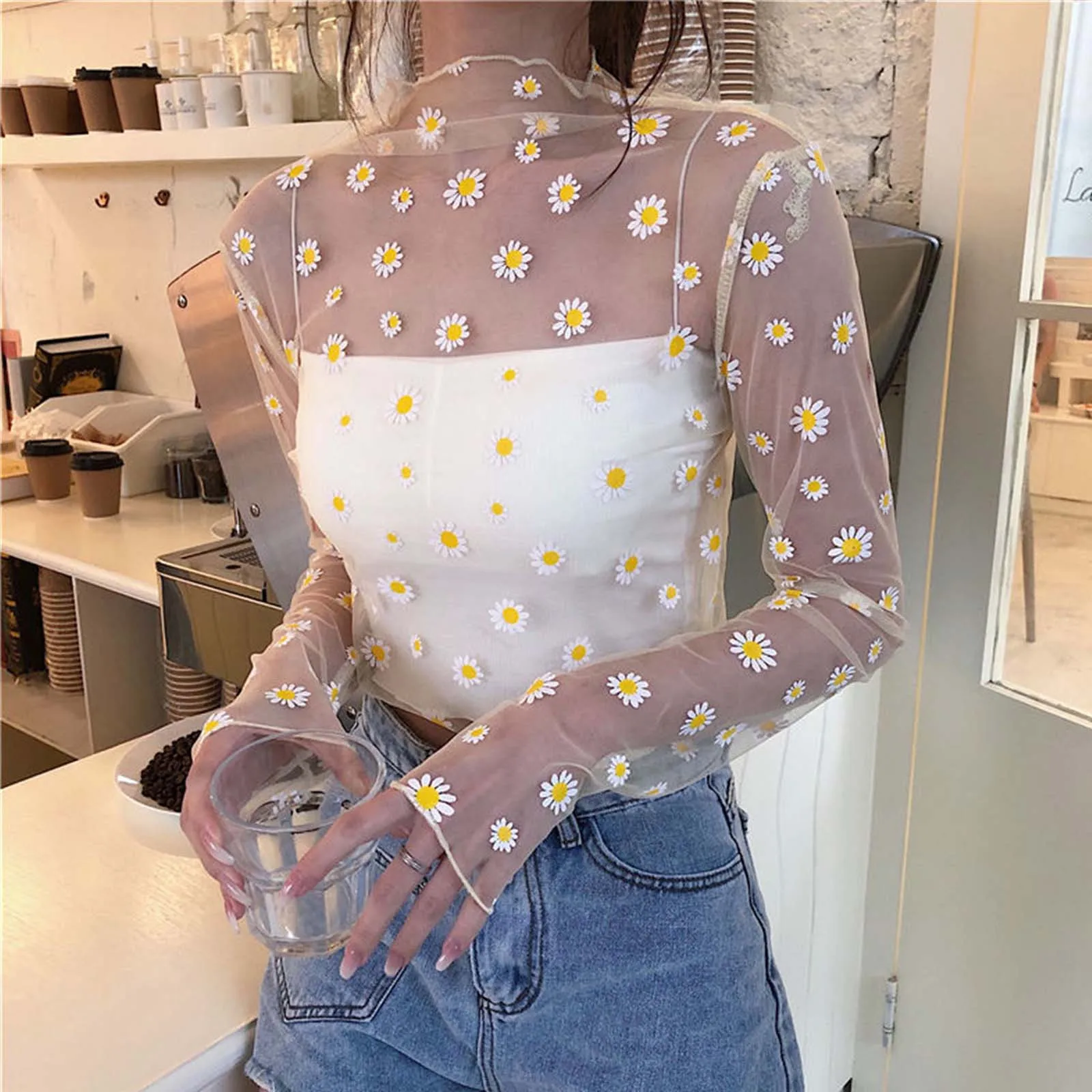 Women Daisy Print Lace Sheer Tops Sexy Tees Long Sleeve Thin Mesh Shirts Fashion Ladies Top 2023 Summer Sunscreen Blouse Blusas