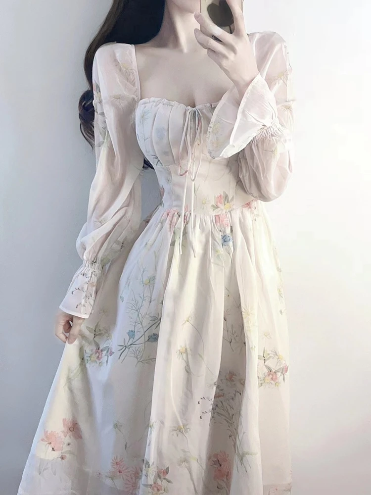 Chiffon Elegant Floral Midi Dress Woman Party Beach Style Long Sleeve Dress Boho One Piece Dress Korean Fashion 2023 Summer