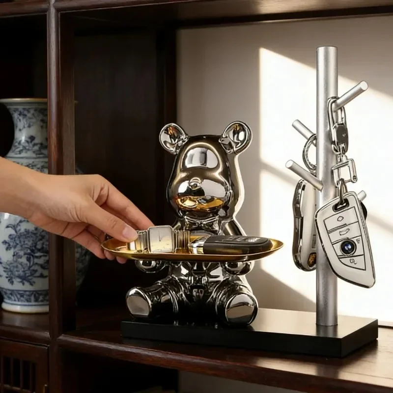 Aesthetic Bear Figurine Tray Key Watch Shelf Makeup Decorative Holder Candy Rack Nordic Animal Statue Desk Decoration Organizer