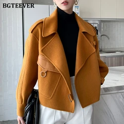 BGTEEVER Elegant Lapel Women Thicken Woolen Jackets Winter Fashion Long Sleeve Pockets Warm Loose Female Solid Blend Coats