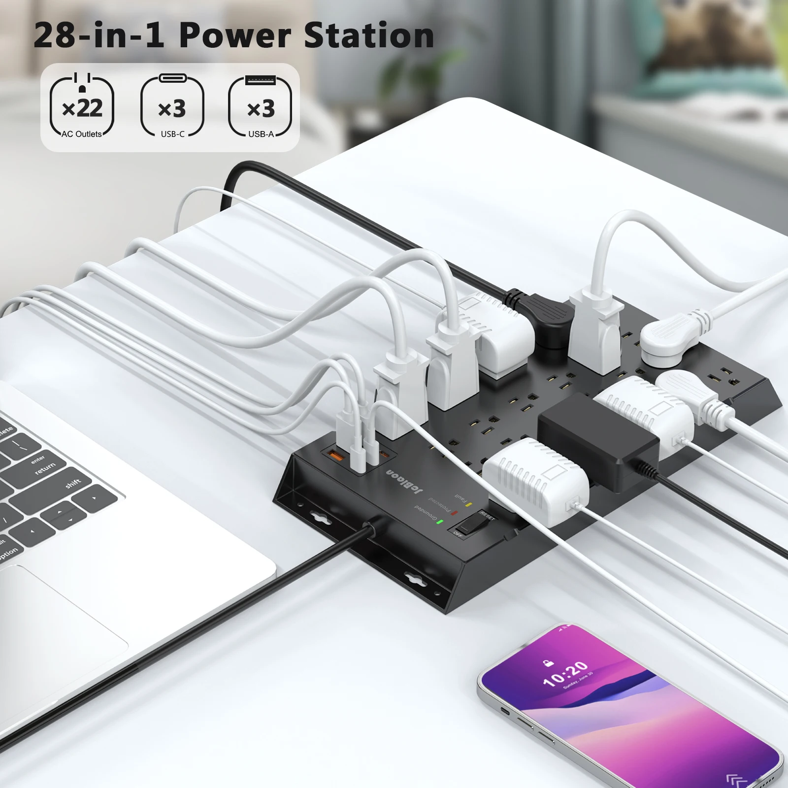 US Plug Power Strip with 22 AC Outlets Extender 6 USB Ports, 6.56ft/2M Extension cord,Home Office Surge Protector Network Filter