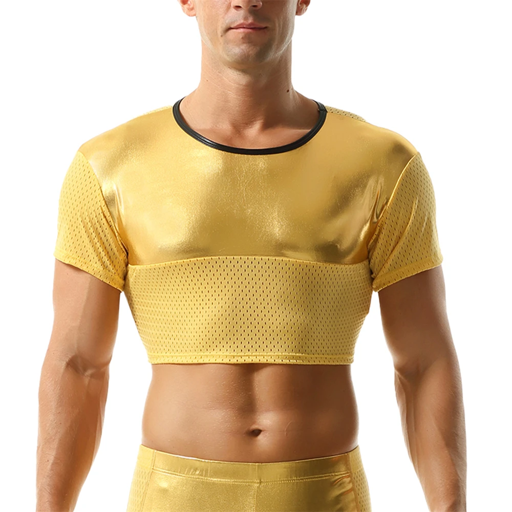 Men Stretchy Slim Tops Faux Leather Mesh Splicing Breathable Cropped Top Shiny Short Sleeve Fitness T-shirts Sexy Dance Clubwear