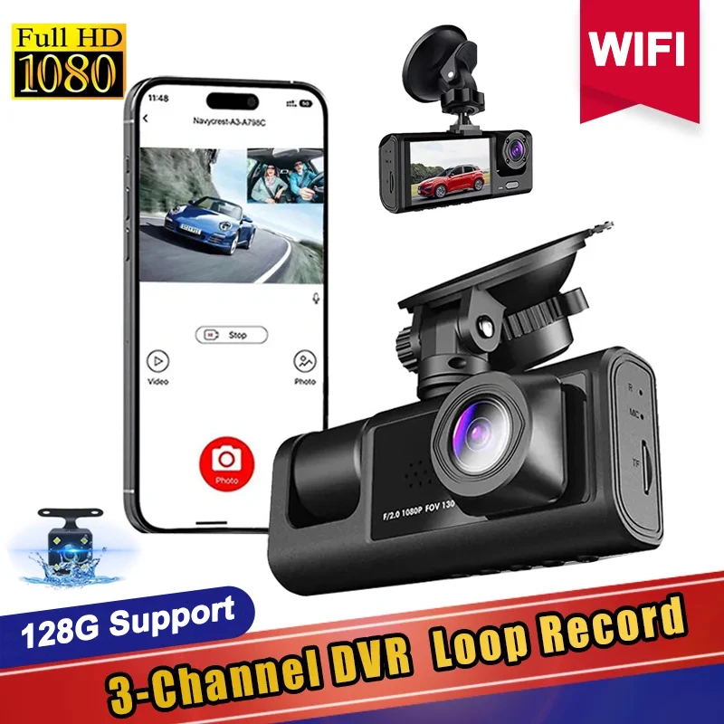 Car Dashcam DVR WIFI FHD 1080P 3 Lens Video Recorder Auto Registrator G-Sensor Camera Camcorder 170 Degree Night Vision